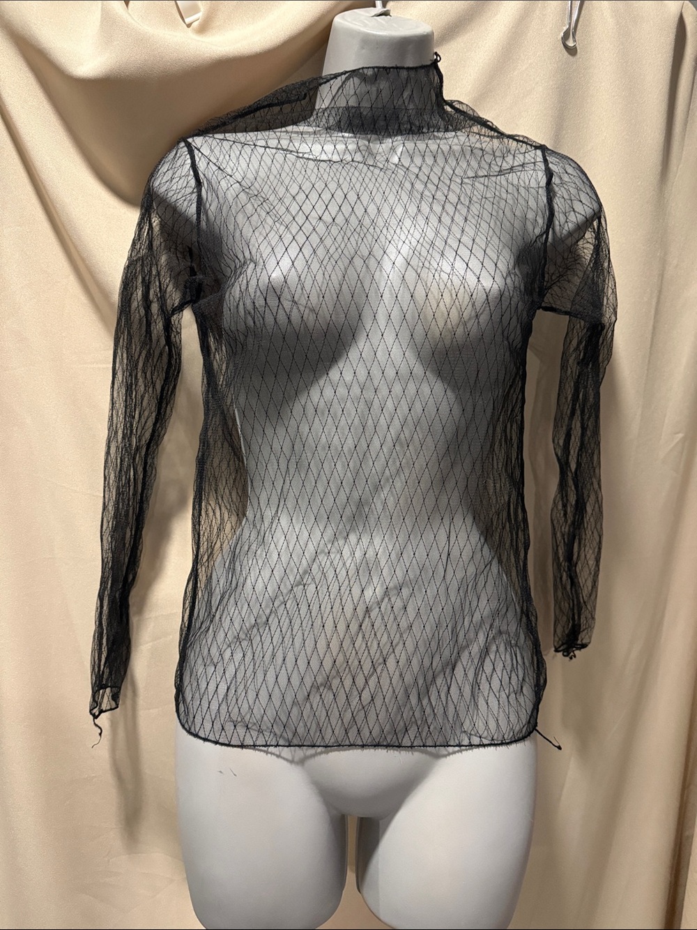 Sheer Long-Sleeve Net Top - Black